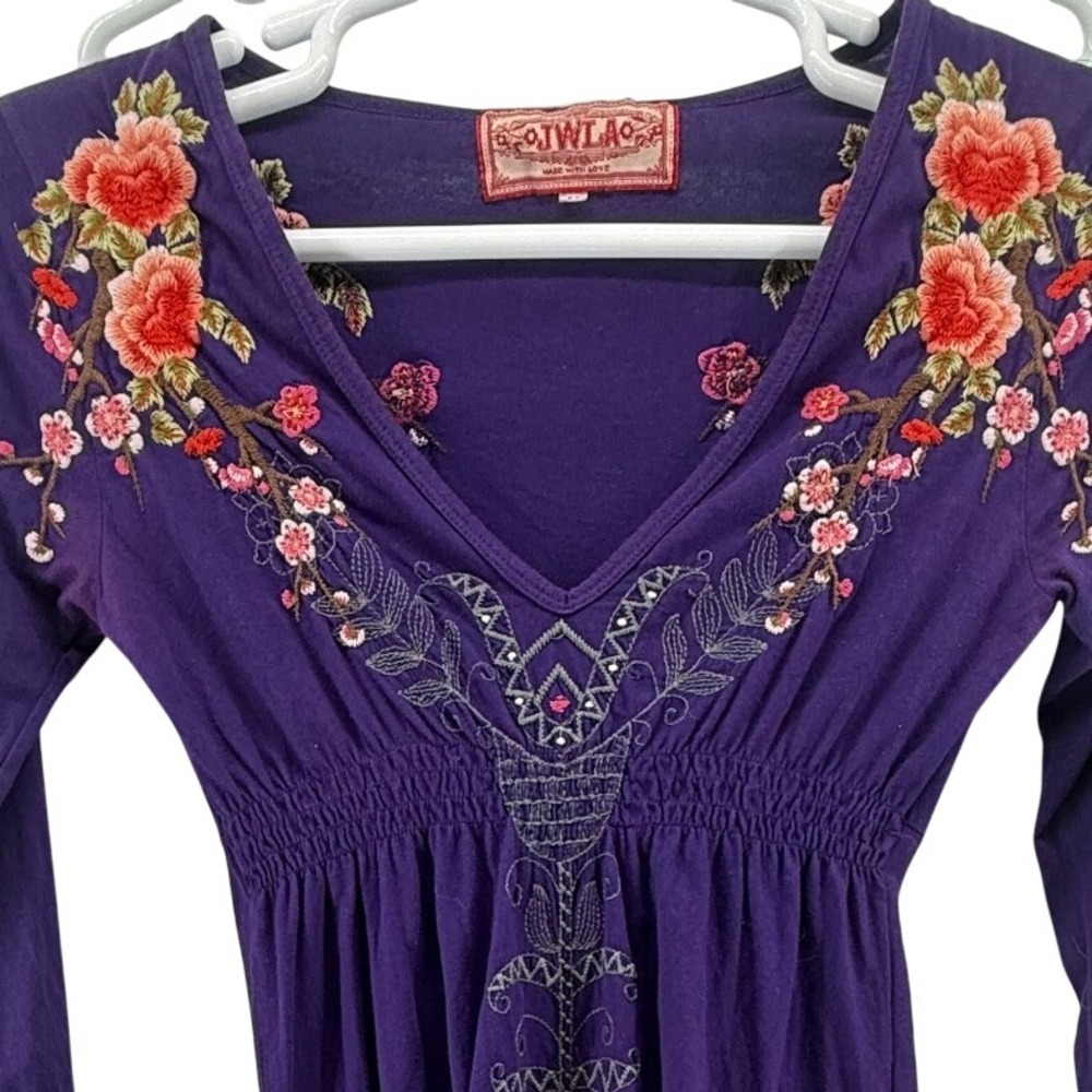 JWLA Johnny Was Purple Embroidered Floral Empire Waist Tunic Mini Dress Medium